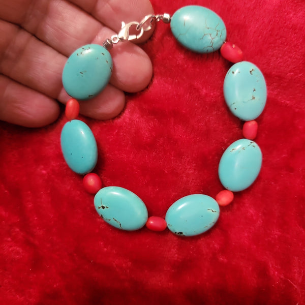 Bracelets - Turquoise & Red Coral Bracelet handcrafted by Jules. Size 8.5 in. TB7