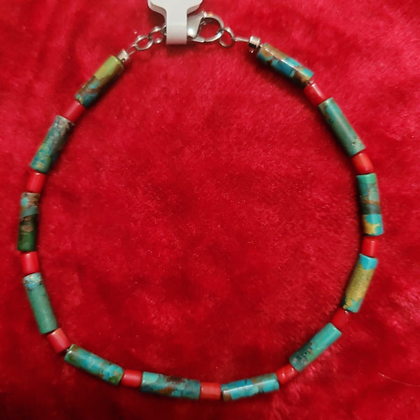 Bracelets- Turquoise and Red Coral Bracelet handcrafted by Jules Size 9.5 TB6