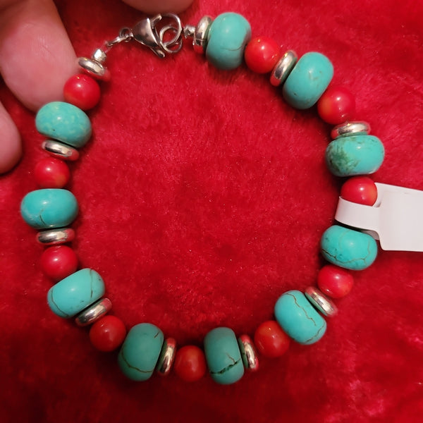 Bracelets- Turquoise and Red Coral Bracelet handcrafted by Jules Size 8.5 TB5