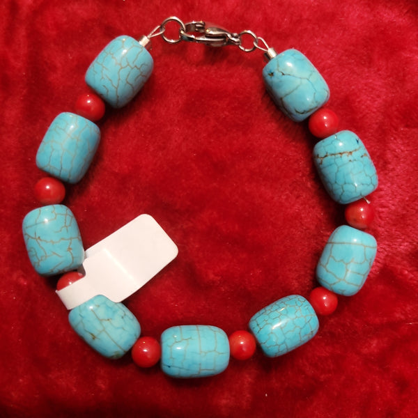 Bracelets- Turquoise and Red Coral Bracelet handcrafted by Jules Size 8 TB4
