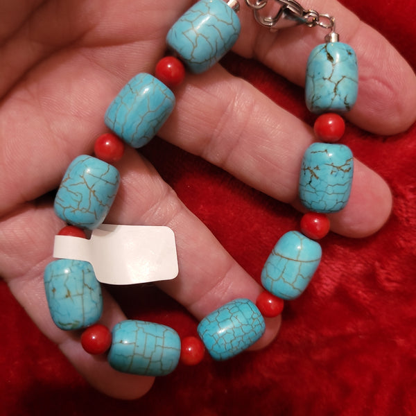Bracelets- Turquoise and Red Coral Bracelet handcrafted by Jules Size 8 TB4