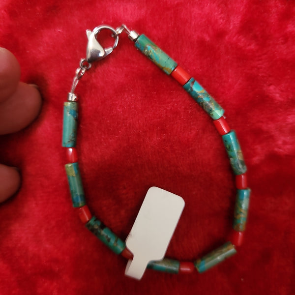Bracelets- Turquoise and Red Coral Bracelet handcrafted by Jules Size 7.5