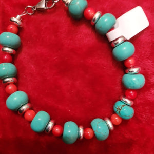 Bracelets- Turquoise and Red Coral Bracelet handcrafted by Jules Size 8.5 TB2