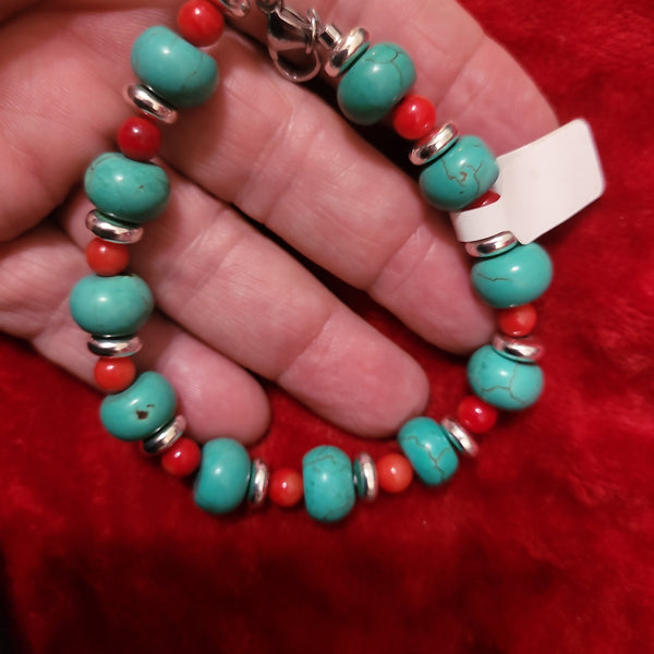 Bracelets- Turquoise and Red Coral Bracelet handcrafted by Jules Size 8.5 TB2