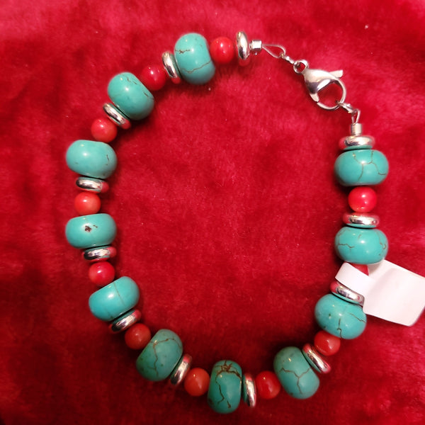 Bracelets- Turquoise and Red Coral Bracelet handcrafted by Jules Size 8.5