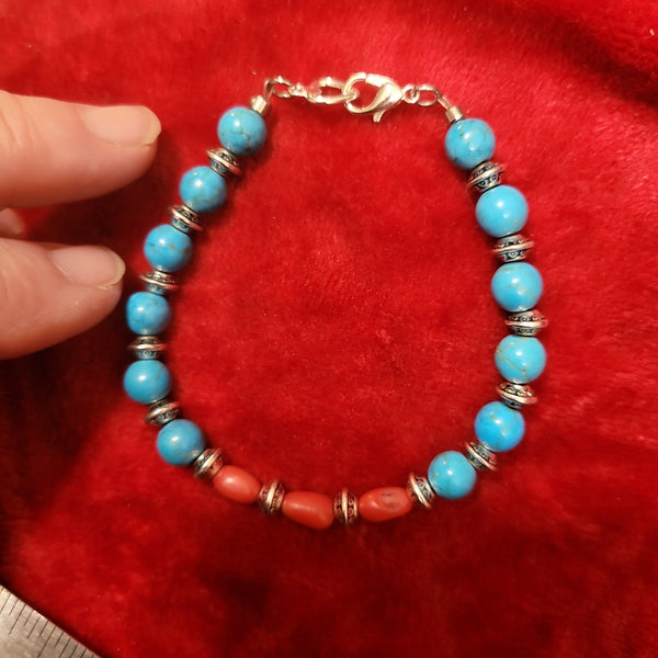Bracelets- Turquoise and Red Coral Bracelet handcrafted by Jules Size 7.5