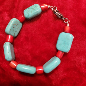 Bracelets- Turquoise and Red Coral Bracelet handcrafted by Jules Size 8 TB1