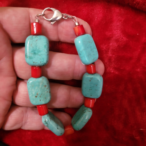 Bracelets- Turquoise and Red Coral Bracelet handcrafted by Jules Size 8