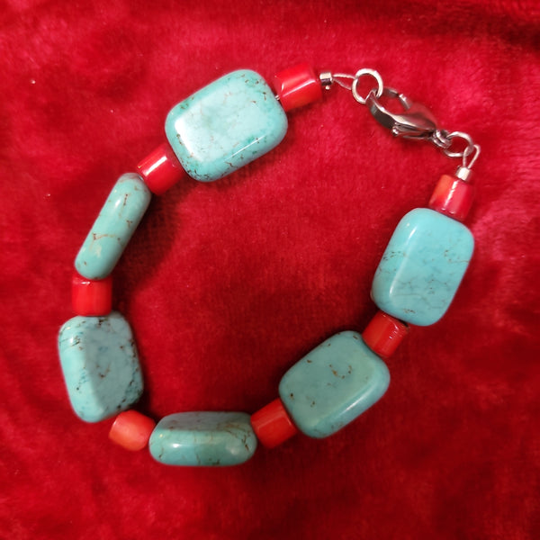 Bracelets- Turquoise and Red Coral Bracelet handcrafted by Jules Size 8 TB1