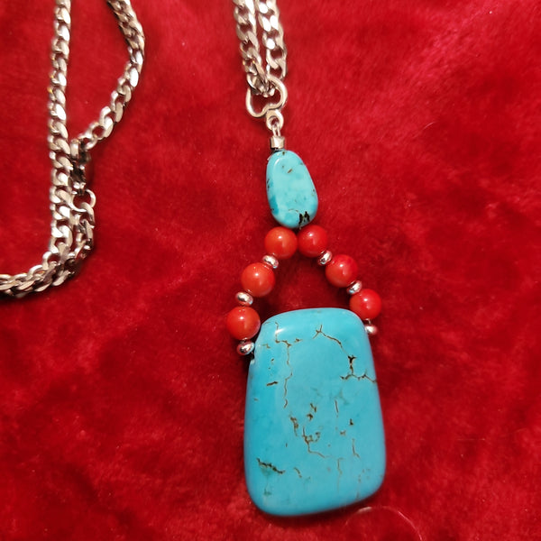 Pendants- Turquoise and Red Coral Pendant handcrafted By Jules on 22 in Stainless Steel Chain TP4
