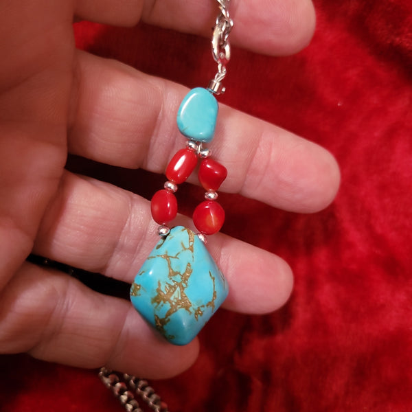 Pendants- Turquoise and Red Coral Pendant handcrafted By Jules on 22 in Stainless Steel Chain TP3