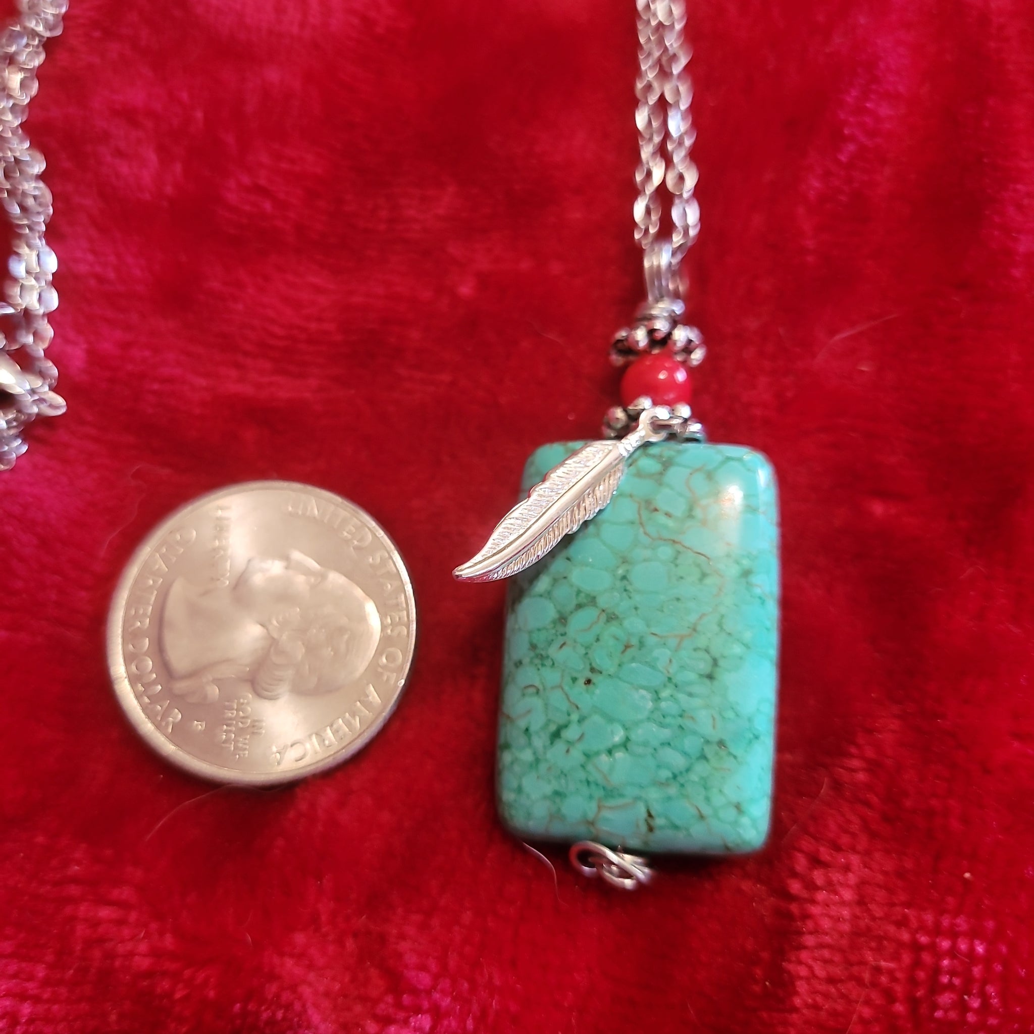 Pendants - Turquoise and Red Coral Pendant handcrafted By Jules on 20 in Stainless Steel Chain TP1