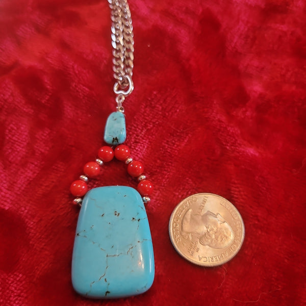 Pendants- Turquoise and Red Coral Pendant handcrafted By Jules on 22 in Stainless Steel Chain TP4