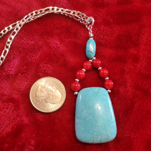 Pendants - Turquoise and Red Coral Pendant handcrafted By Jules on 22 in Stainless Steel Chain TP5