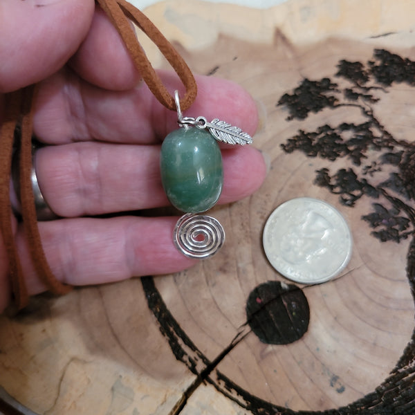 Pendant - Green Aventurine Barrel Bead Pendant with Charm on Suede Cord (handcrafted by Jules)