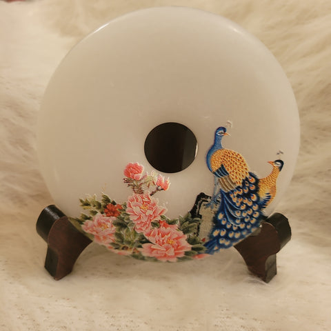 White Jade Painted Disc with Wooden Stand JD10