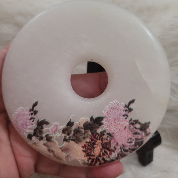 White Jade Painted Disc with Wooden Stand JD9