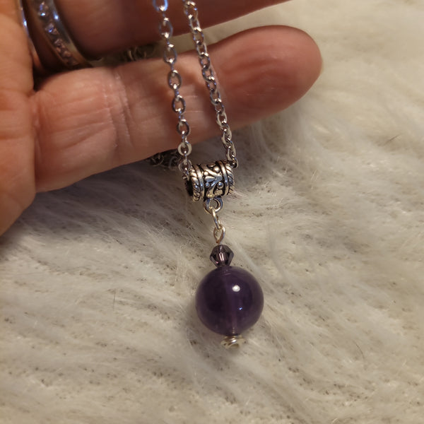 Pendants - Amethyst 12mm Bead Pendant on Stainless Steel Chain handcrafted by Jules