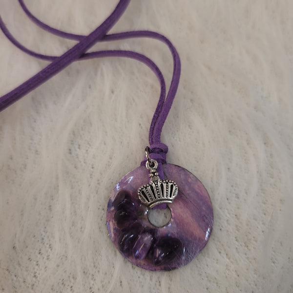 Gemstone Pendants- Amethyst Chips Washer Pendant with Suede Cord & Charm GP5