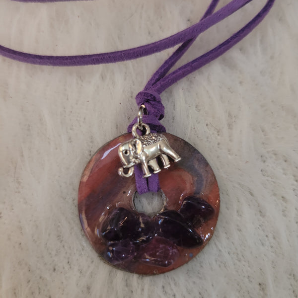 Gemstone Pendants- Amethyst Chips Washer Pendant with Suede Cord & Charm GP8