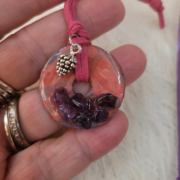 Gemstone Pendants- Amethyst  Chips Washer Pendant with Suede Cord & Charm GP9