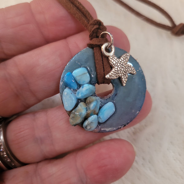 Gemstone Pendants- Turquoise Chips Washer Pendant with Suede Cord & Charm GP12