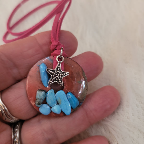 Gemstone Pendants- Turquoise Chips Washer Pendant with Suede Cord & Charm GP17