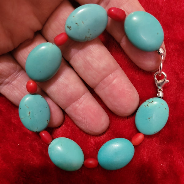 Bracelets - Turquoise & Red Coral Bracelet handcrafted by Jules. Size 8.5 in.
