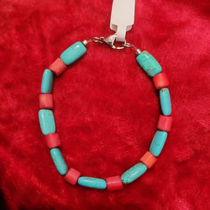 Bracelets - Turquoise and Red Coral Bracelet handcrafted by Jules Size 8