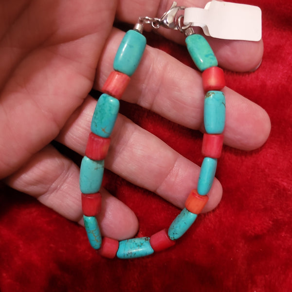 Bracelets - Turquoise and Red Coral Bracelet handcrafted by Jules Size 8