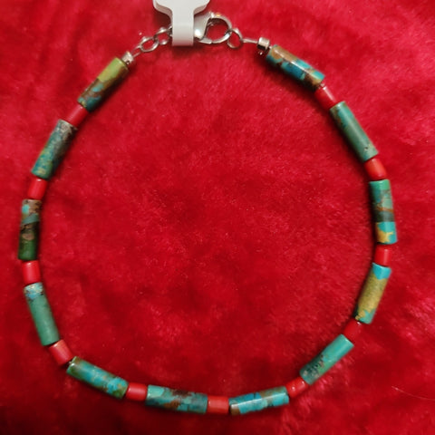 Bracelets- Turquoise and Red Coral Bracelet handcrafted by Jules Size 9.5