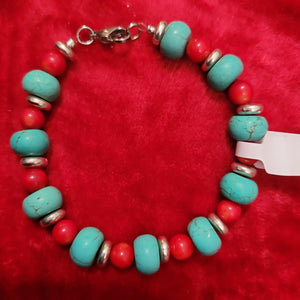 Bracelets- Turquoise and Red Coral Bracelet handcrafted by Jules Size 8.5