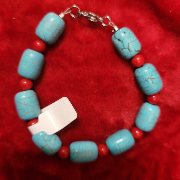 Bracelets- Turquoise and Red Coral Bracelet handcrafted by Jules Size 8