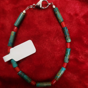 Bracelets- Turquoise and Red Coral Bracelet handcrafted by Jules Size 7.5 TB3