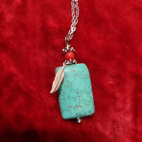 Pendants - Turquoise and Red Coral Pendant handcrafted By Jules on 20 in Stainless Steel Chain