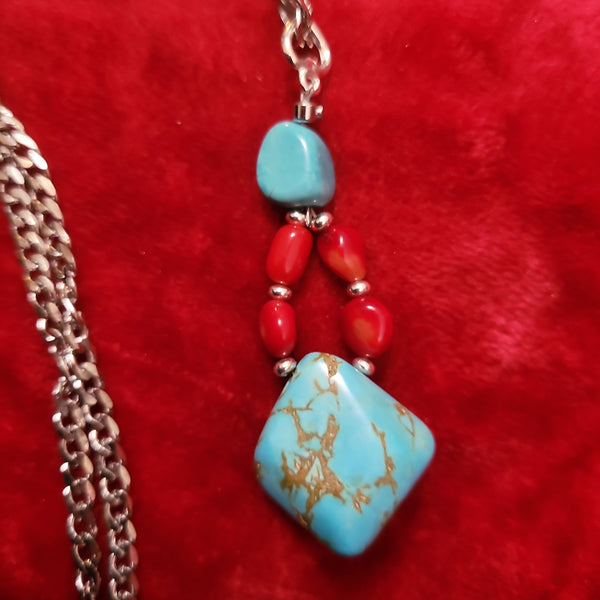 Pendants- Turquoise and Red Coral Pendant handcrafted By Jules on 22 in Stainless Steel Chain
