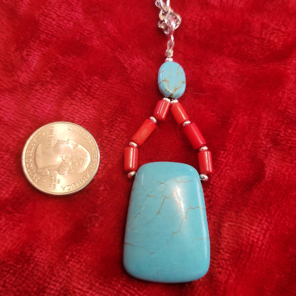 Pendants- Turquoise and Red Coral Pendant handcrafted By Jules on 22 in Stainless Steel chain TP6