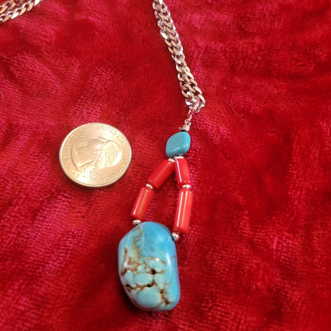 Gemstone Pendants- Turquoise and Red Coral Pendant handcrafted By Jules on 22 in Stainless Steel Chain TP7