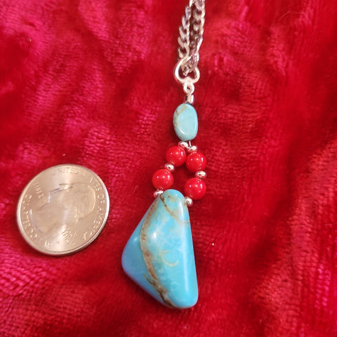 Pendants - Turquoise and Red Coral Pendant on 22 in Stainless Steel Chain handcrafted by Jules TP8