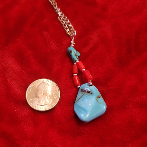 Gemstone Pendants- Turquoise and Red Coral Pendant handcrafted By Jules on 22 in Stainless Steel Chain TP10