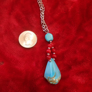 Gemstone Pendants- Turquoise and Red Coral Pendant handcrafted By Jules on 22 in Stainless Steel Chain TP11