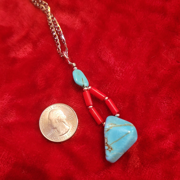 Gemstone Pendants- Turquoise and Red Coral Pendant handcrafted By Jules on 22 in Stainless Steel Chain TP9
