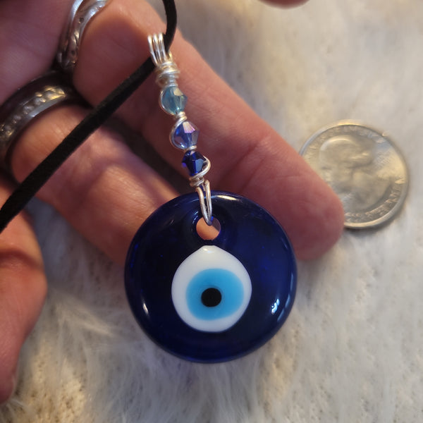 Pendants - Evil Eye Pendant with Czech Glass Beads handwrapped by Jules on silver artistic wire