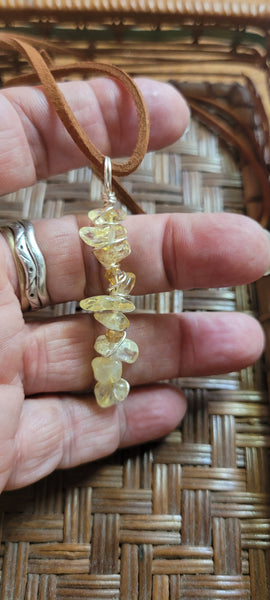 Gemstone Pendants- Citrine Gemstone Chip Hand Wrapped Pendant by Jules on 22 in Brown Suede Cord