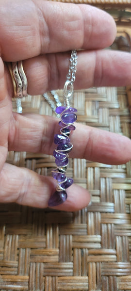 Gemstone Pendants- Amethyst Gemstone Chip Hand Wrapped Pendant on 20 in Stainless Steel Chain