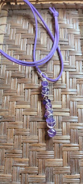 Gemstone Pendants- Amethyst Gemstone Chip Hand Wrapped Pendant by Jules on 22 in Purple Suede Cord