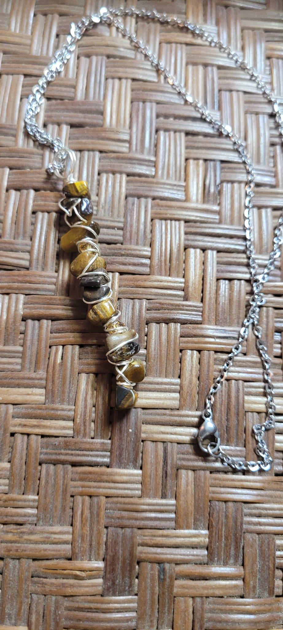 Gemstone Pendants- Tiger Eye Gemstone Chip Hand Wrapped Pendant by Jules on 20 in Stainless Steel Chain