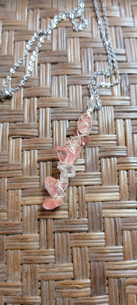 Gemstone Pendants- Strawberry Quartz Gemstone Chip Pendant Hand Wrapped by Jules on 20 in Stainless Steel Chain