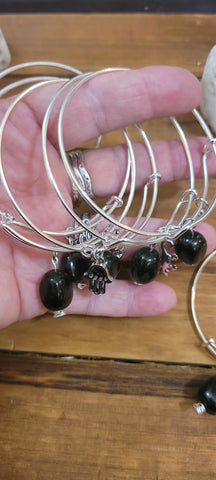 Gemstone Bracelets- Jet Pebble Stainless Steel Adjustable Bracelet with Assorted Charm - Random Pull
