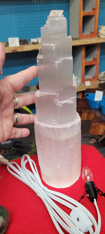 Selenite Skyscraper Lamp with cord and bulb  Med Size Approx 13 in.